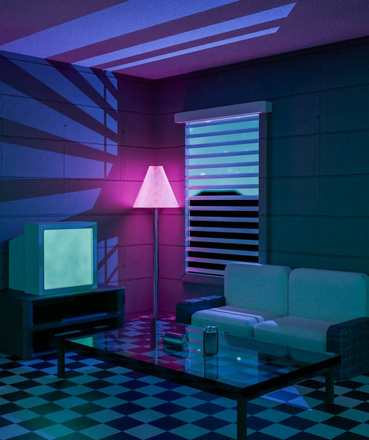 Neon-lit room with a retro aesthetic.