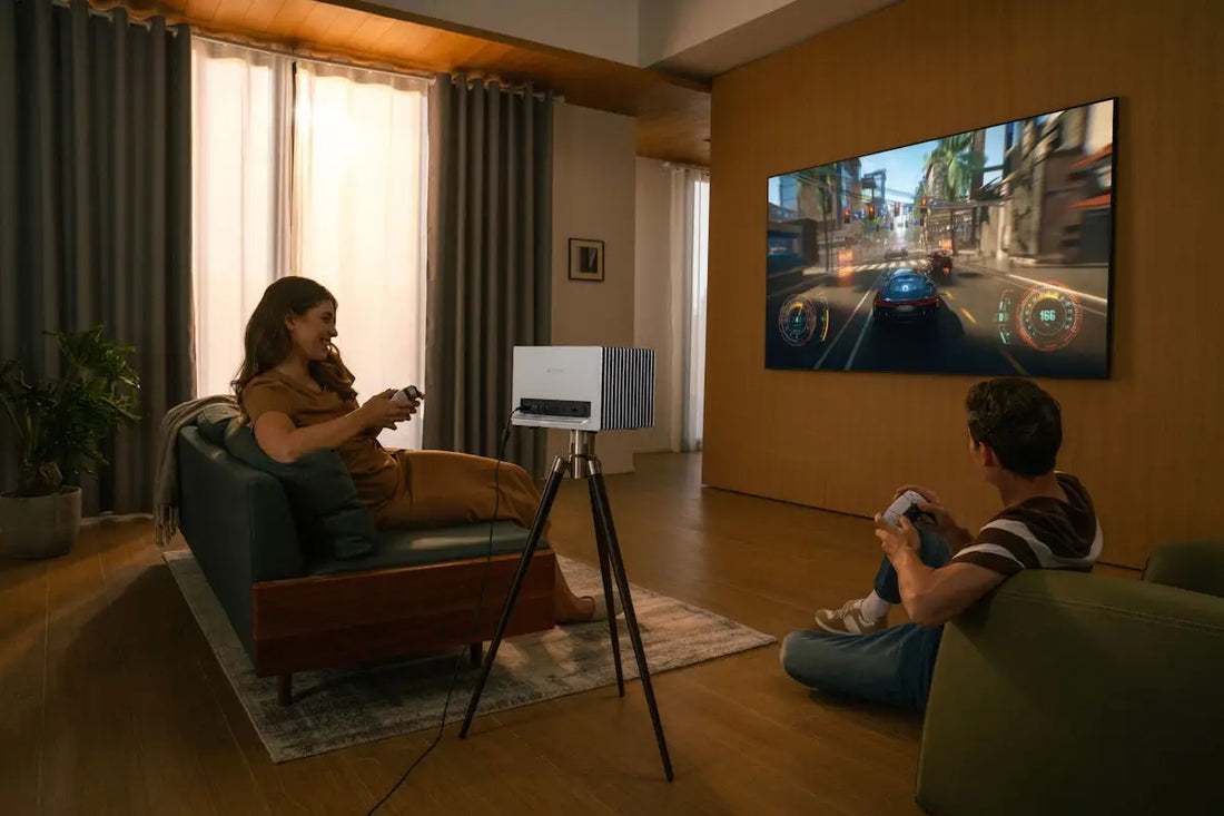 People enjoy gaming on a projected screen.