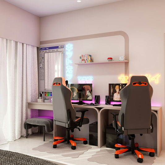 Two gaming chairs and desks with computers.