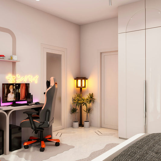 Modern gaming setup with computer and neon sign