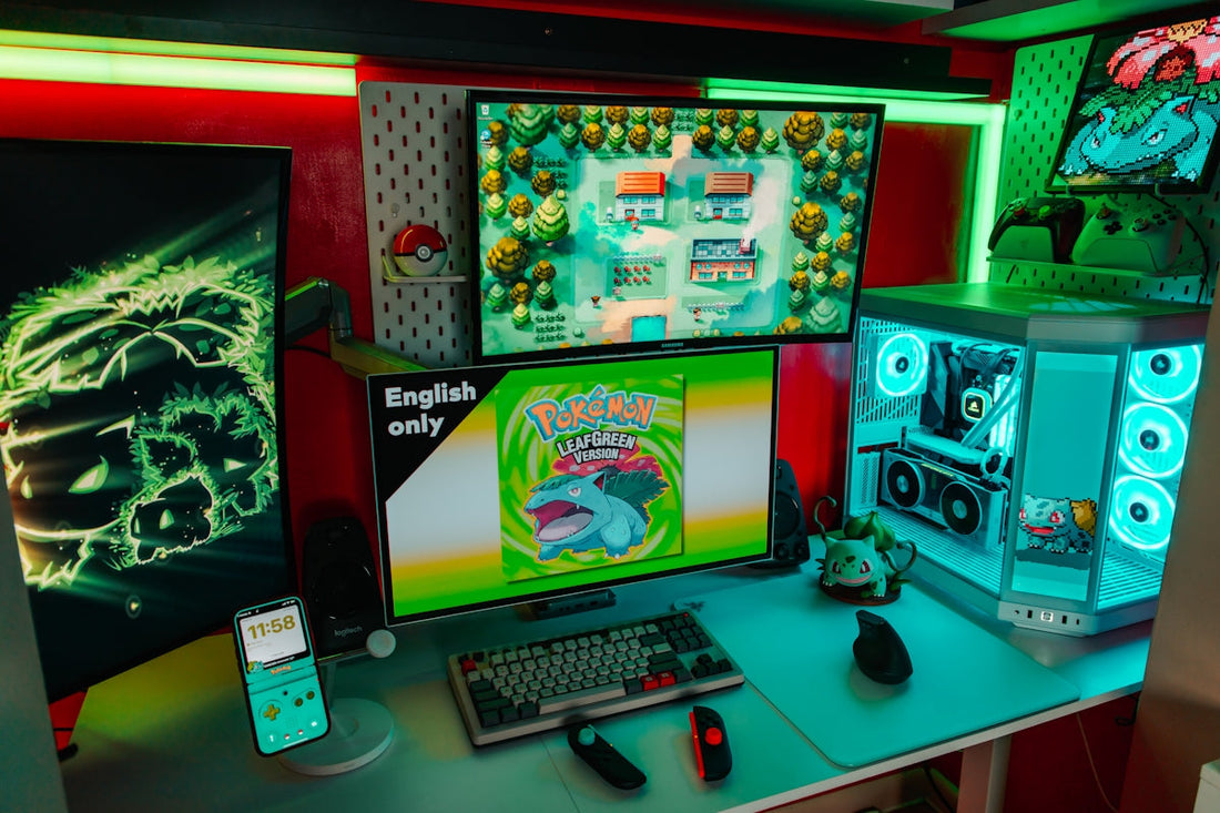 Gaming setup with multiple screens and colorful lights