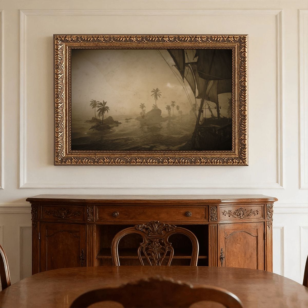 An ornate framed sepia-toned landscape painting hangs on a white paneled wall above a carved wooden sideboard and dining table.