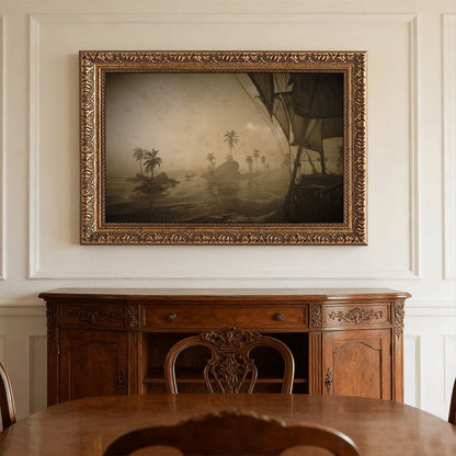 An ornate framed sepia-toned landscape painting hangs on a white paneled wall above a carved wooden sideboard and dining table.