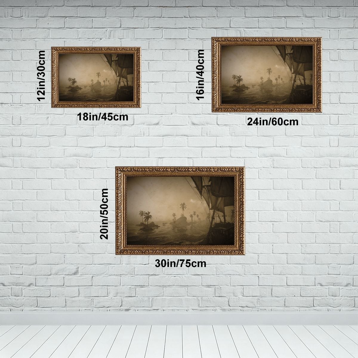 Three framed wall art prints shown on a white brick wall with size labels in inches and centimeters. The prints have sepia-toned dark forest scenes and ornate gold frames, with dimensions 12x18, 16x24, and 20x30 inches.