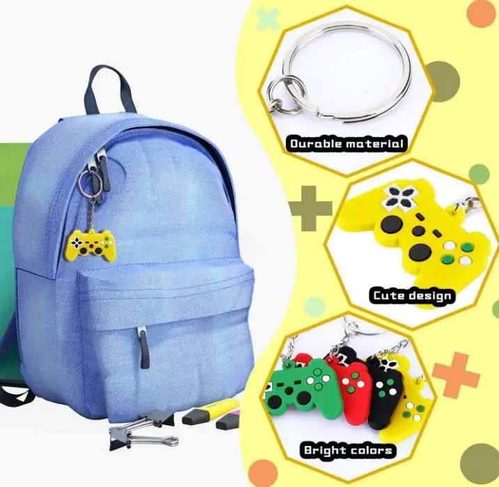 Light blue backpack with a yellow game controller keychain from Gapo Goods