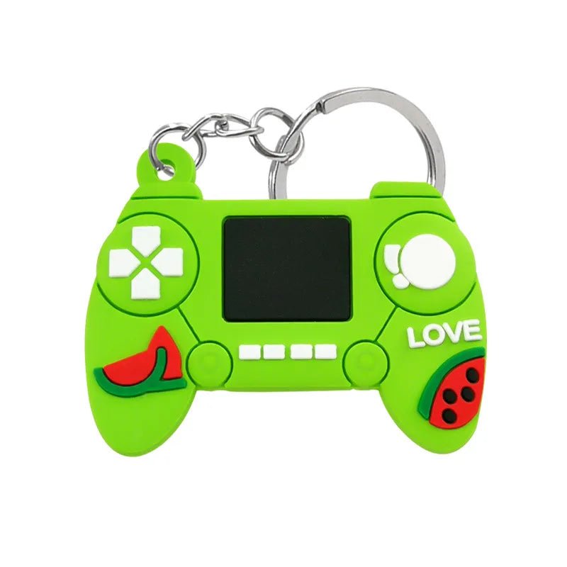 Bright green game controller keychain with fruit charms and LOVE text, Gapo goods