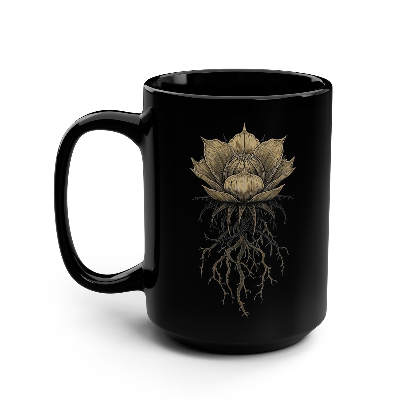 Dark Souls inspired Black 15oz Ceramic Mug — 'The Deeper the Roots, the Darker the Truth' Inspirational Quote