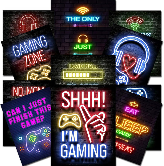 Collage of neon signs in Vibrant 12PCS Neon Gaming Posters for gaming room decor