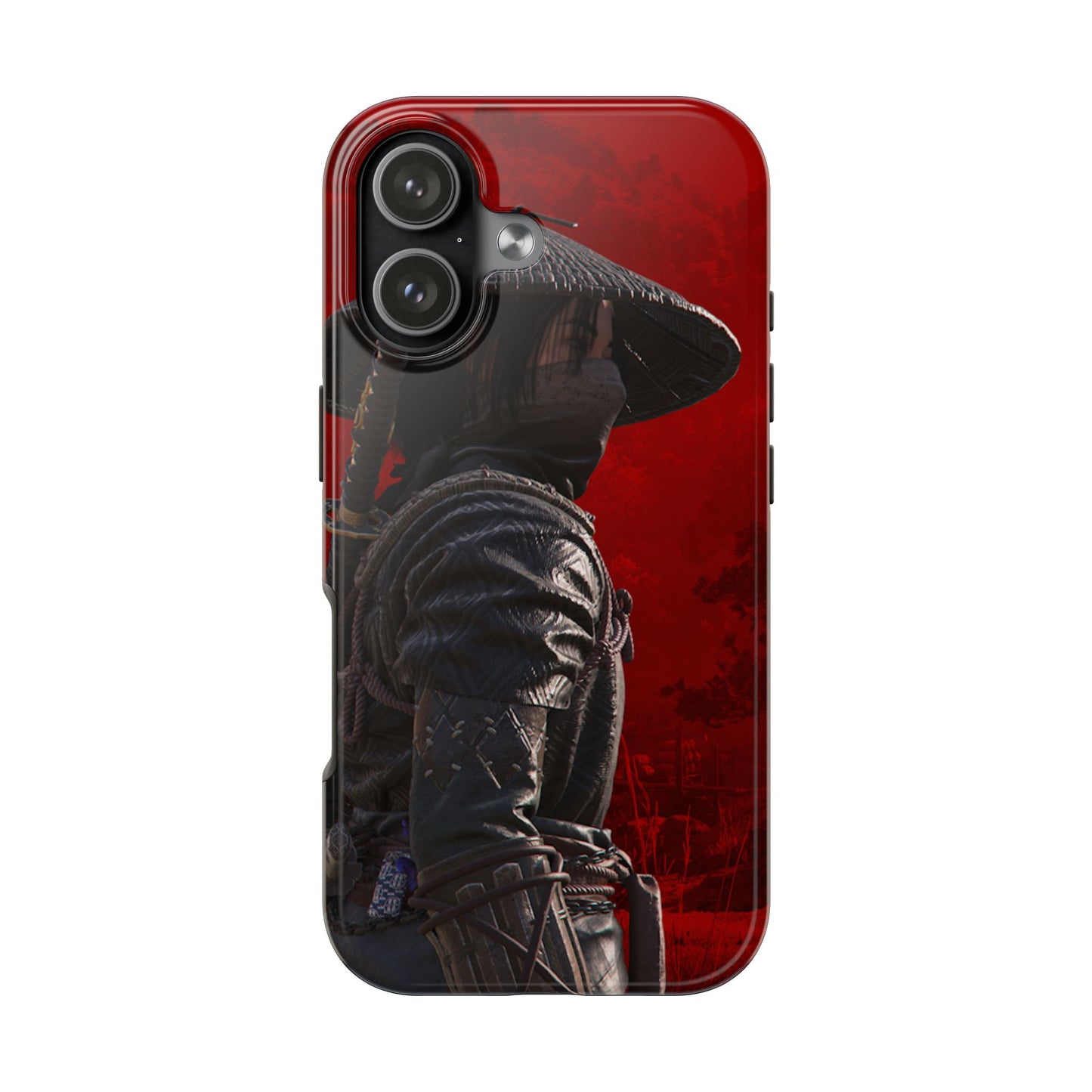 Dark Samurai Warrior Phone Case | Red Background, Armor Illustration