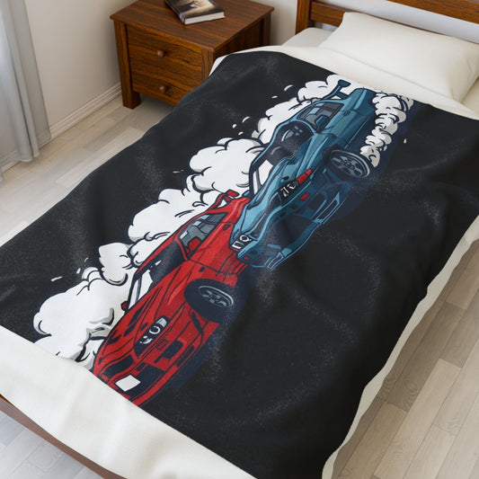JDM Drift Cars Velveteen Plush Blanket — Japanese Street Racing Throw