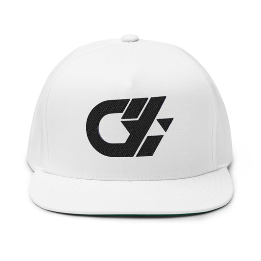White cap with a black logo on a white background