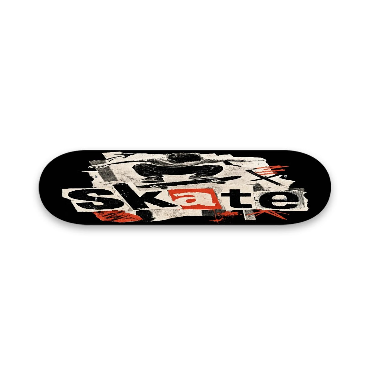A skateboard deck with a black background and a graphic design featuring the word 'skate' in white and orange-red, with a skater illustration above it.