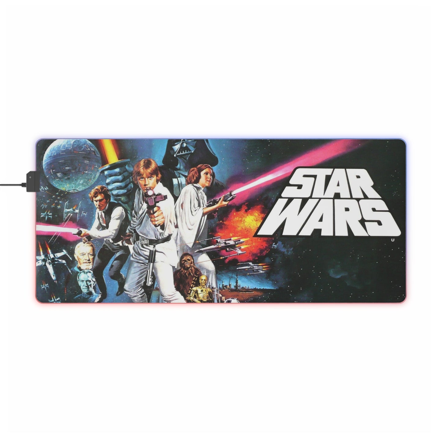 Star Wars-themed mouse pad with characters and the logo on a white background