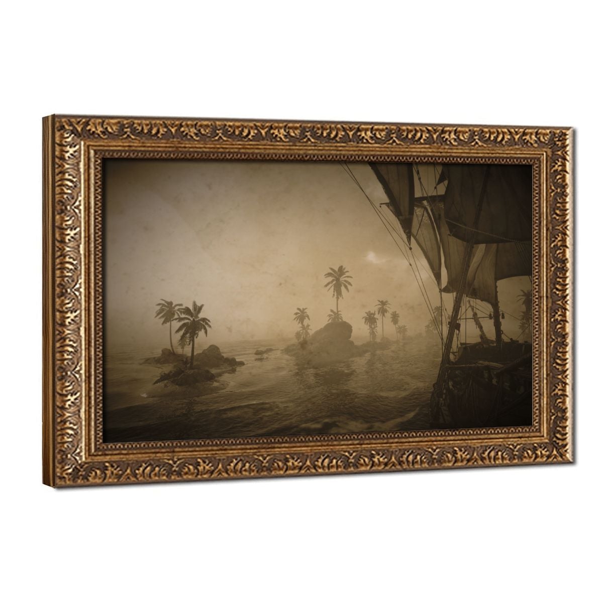 Framed canvas wall art featuring a sepia-toned nautical scene with palm trees, rocks, and a large ship on the right, shown in an ornate gold frame against a white background.