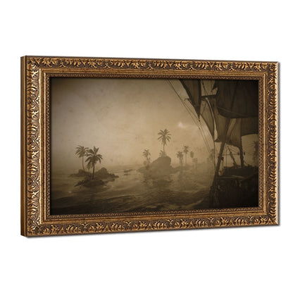 Framed canvas wall art featuring a sepia-toned nautical scene with palm trees, rocks, and a large ship on the right, shown in an ornate gold frame against a white background.