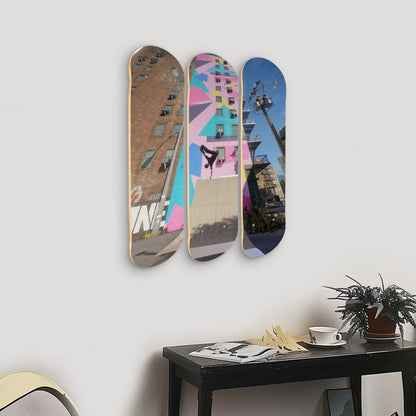3-Panel Maple Wood Skateboard Wall Art - Made in USA, 31x25 Inch Gaming Room Decor