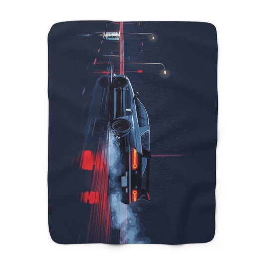 Car Drift Sherpa Blanket — Retro Night Racing Design