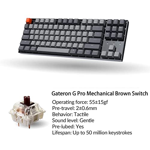 Keychron K8 80% Layout Bluetooth Wireless Mechanical Keyboard, Tenkeyless 87 Keys/USB C/White Backlit/Gateron G Pro Brown Switch/N-Key Rollover, TKL Gaming Keyboard for Mac Windows