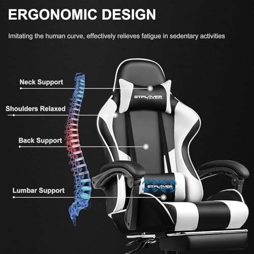 GTPLAYER Gaming Chair, Computer Chair with Footrest and Lumbar Support, Height Adjustable Game Chair with 360° - Swivel Seat and Headrest and for Office or Gaming (White) - Gapo Goods - 