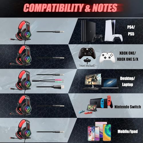 Gaming Headset PS4 Headset, Xbox Headset with 7.1 Surround Sound, Gaming Headphones with Noise Cancelling Mic RGB Light Memory Earmuffs for PC, PS5, PS4, Xbox Series X/S, Xbox one, Switch