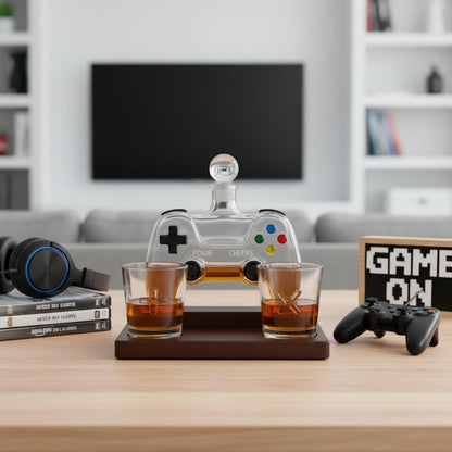 Gaming Controller Whiskey Decanter Set with 2 Glasses & Stand – 850ml Glass Decanter, Video Game Gift for Dad Husband or Boyfriend Valentine's Day Barware for Home Bar Man Cave Birthdays Father’s Day