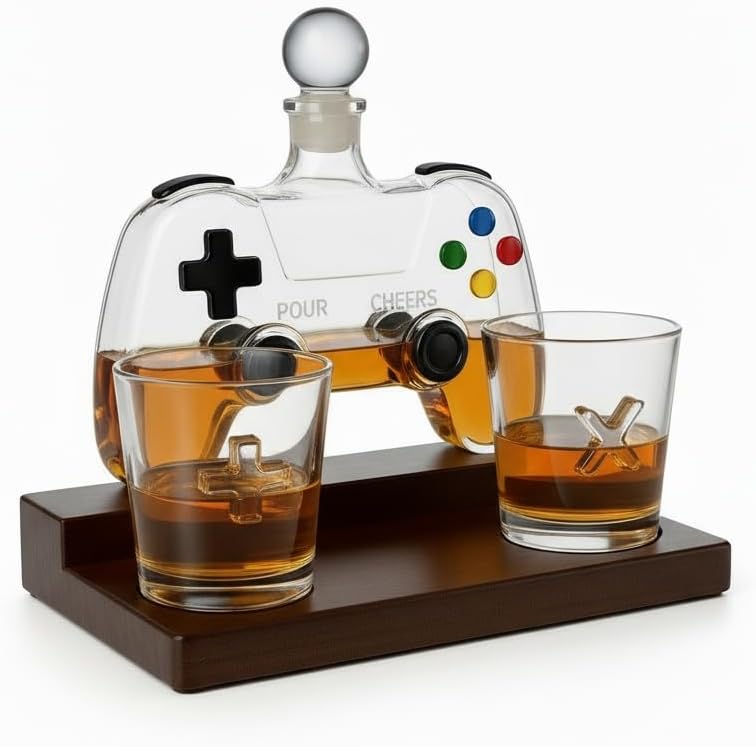 Gaming Controller Whiskey Decanter Set with 2 Glasses & Stand – 850ml Glass Decanter, Video Game Gift for Dad Husband or Boyfriend Valentine's Day Barware for Home Bar Man Cave Birthdays Father’s Day