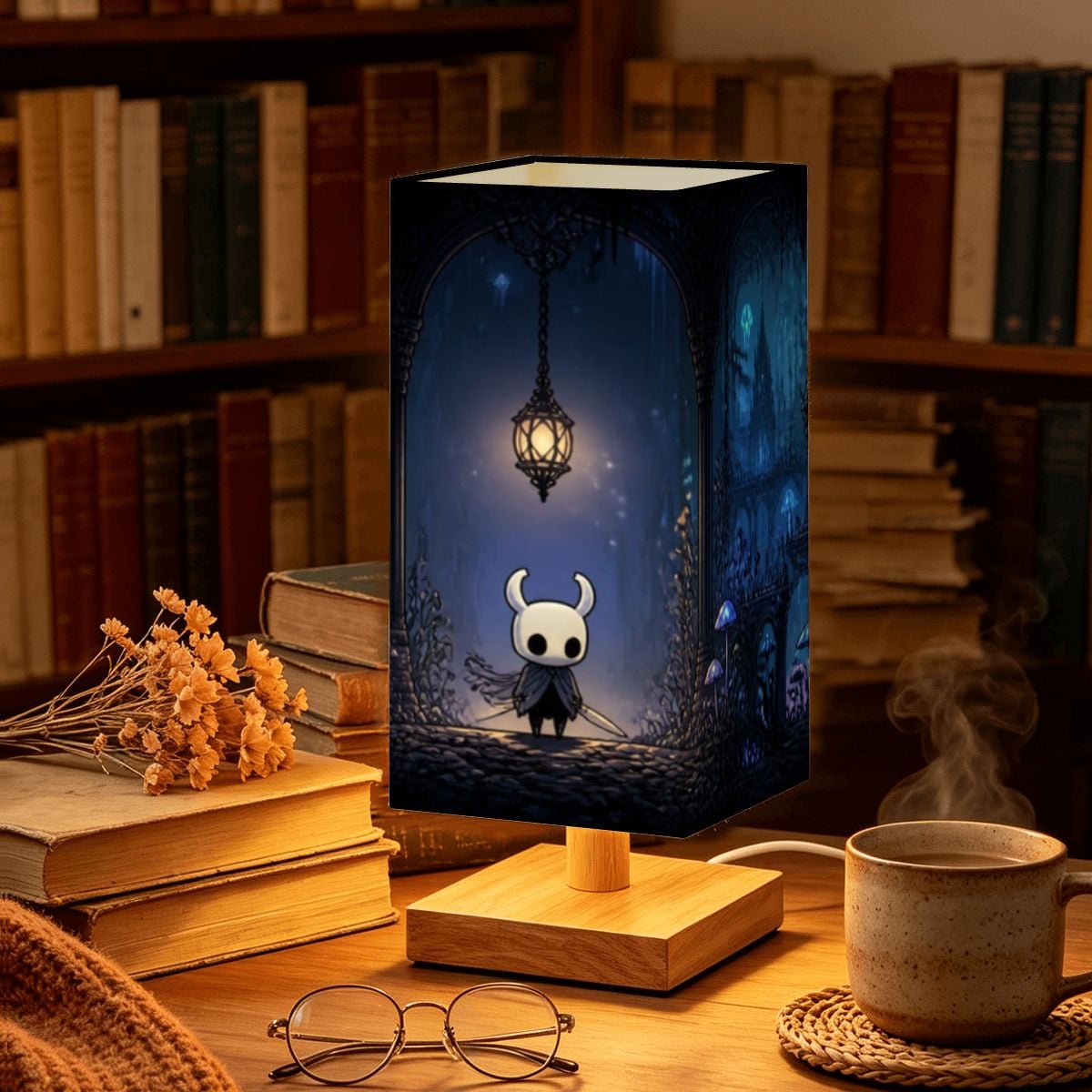 A decorative table lamp with a square dark blue printed shade showing a small white hollow knight character under a hanging lantern, set on a wooden base on a desk with books, glasses, dried flowers, and a cup in a cozy room.