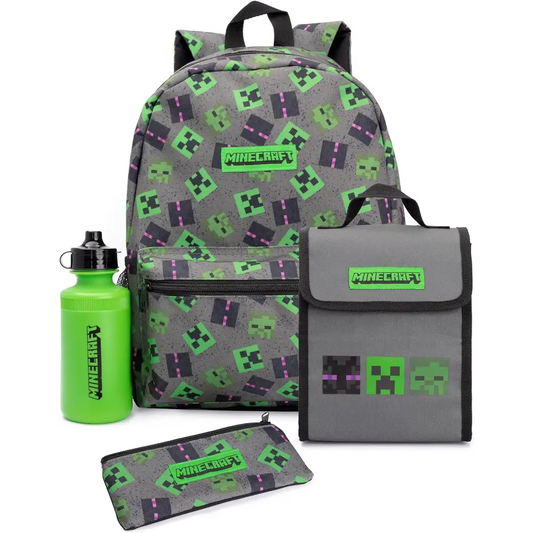Minecraft Backpack For Kids | Creeper Zombie Enderman Merchandise Villains School Rucksack Pencil Case, Water Bottle Bag, Grey, One Size