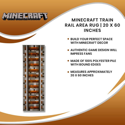 Ukonic Minecraft Train Rail Area Rug | Indoor Floor Mat, Accent Rugs for Living Room and Bedroom, Home Decor for Kids Playroom | Video Game Gifts and Collectibles | 20 x 60 Inches