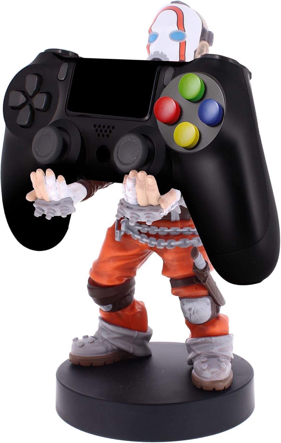 Figurine of a character from a popular anime holding a black gaming controller with colorful buttons.