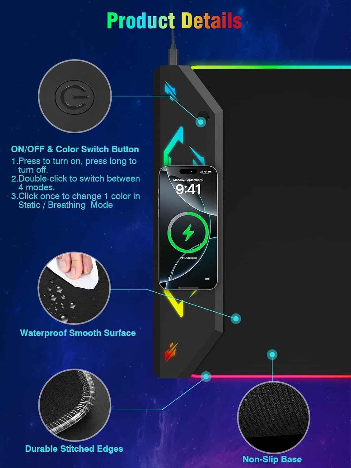Gaming Mouse Pad, Magnetic Wireless Charging Mouse Pad Gaming, 35"x15.8" Large RGB Desk Mat for Laptop/Keyboard, 24 Light Effects, Non-Slip Base, Waterproof Ultra-Smooth Surface, with Adapter, Black