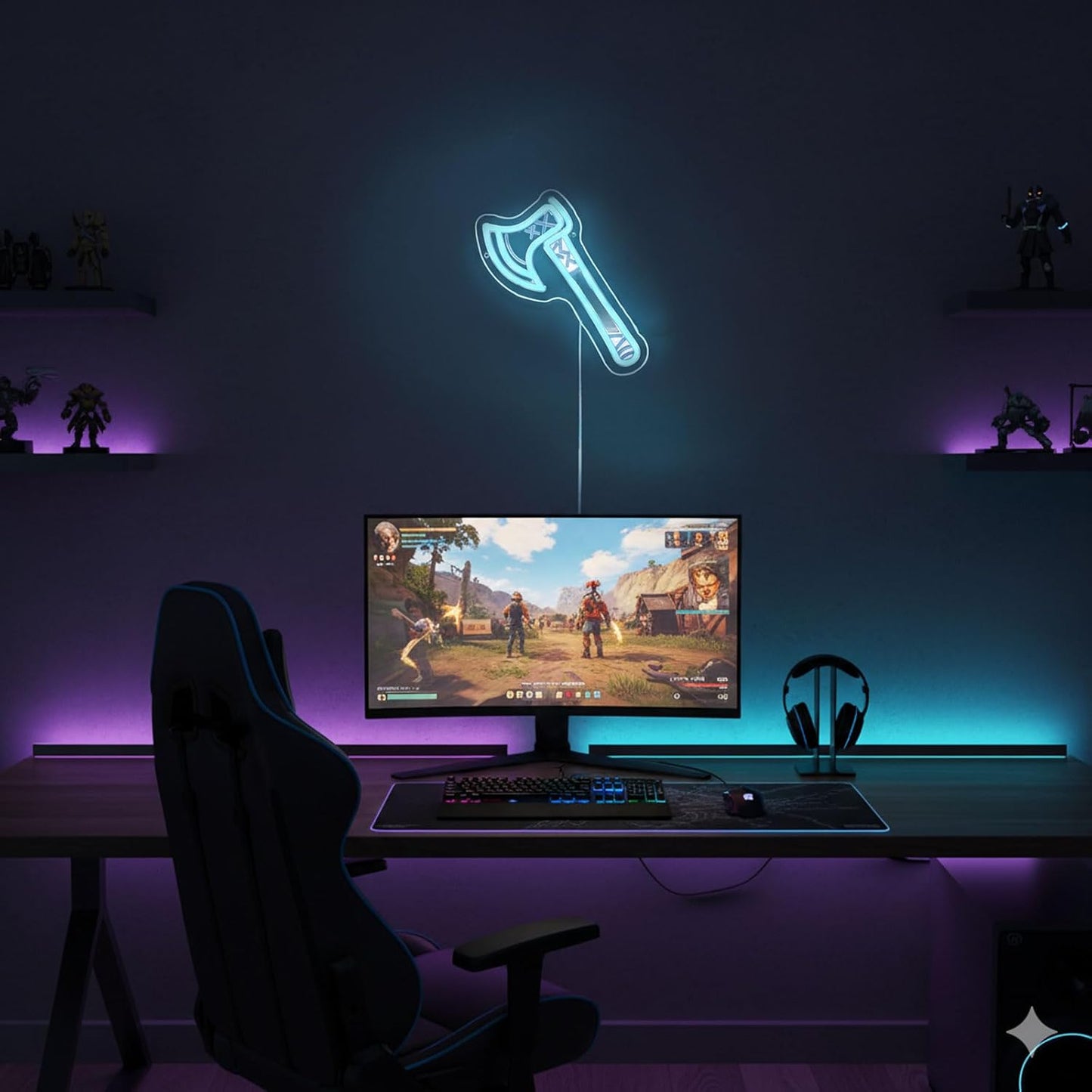 Ice Blue Battle Axe Neon Sign, Viking War Axe Neon Light LED Gaming Sign USB Powered, for Norse Mythology Battle Axe Light Game Room Bedroom Studio Fantasy Weapon Wall Decor(11.8 * 5.9 In)