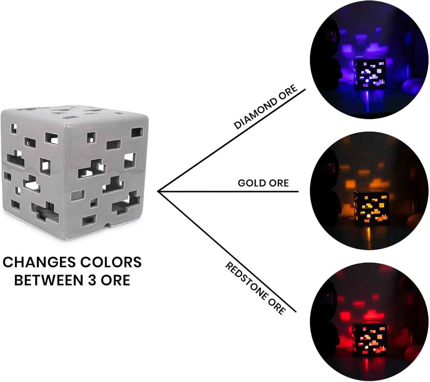 Minecraft Ceramic Ore Block Mood Light | Nightstand Table Lamp with LED Light for Bedroom, Desk, Living Room | Home Decor Room Essentials | Video Game Gifts And Collectibles | 6 Inches Tall