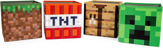 Minecraft 10-Inch Storage Set of 4 Bins | Includes Creeper, TNT, Grass, Crafting Table | Fabric Basket Container, Cubby Closet Organizer, Home Decor for Playroom | Video Game Gifts And Collectibles