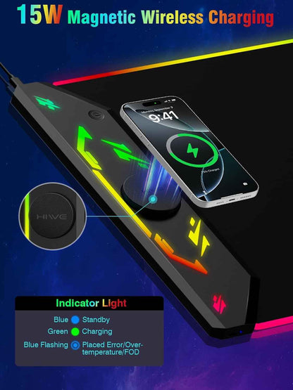 Gaming Mouse Pad, Magnetic Wireless Charging Mouse Pad Gaming, 35"x15.8" Large RGB Desk Mat for Laptop/Keyboard, 24 Light Effects, Non-Slip Base, Waterproof Ultra-Smooth Surface, with Adapter, Black