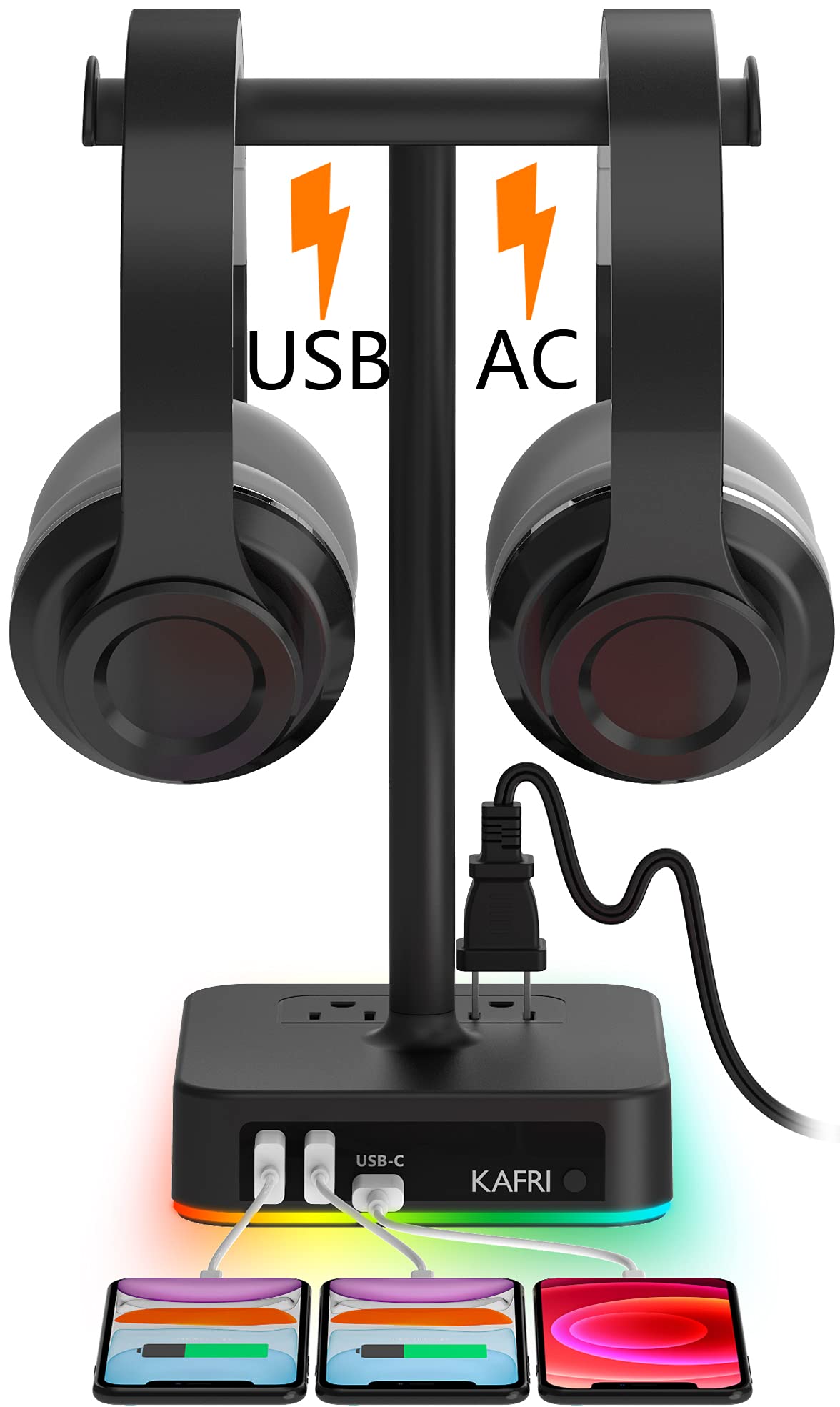 KAFRI RGB Headphone Stand with USB A&C Charger Desk Gaming Headset Holder Hanger Rack with 3 USB Charging Port and 2 Outlet - Suitable for Gamer Desktop Table Game Earphone Accessories Boyfriend Gifts