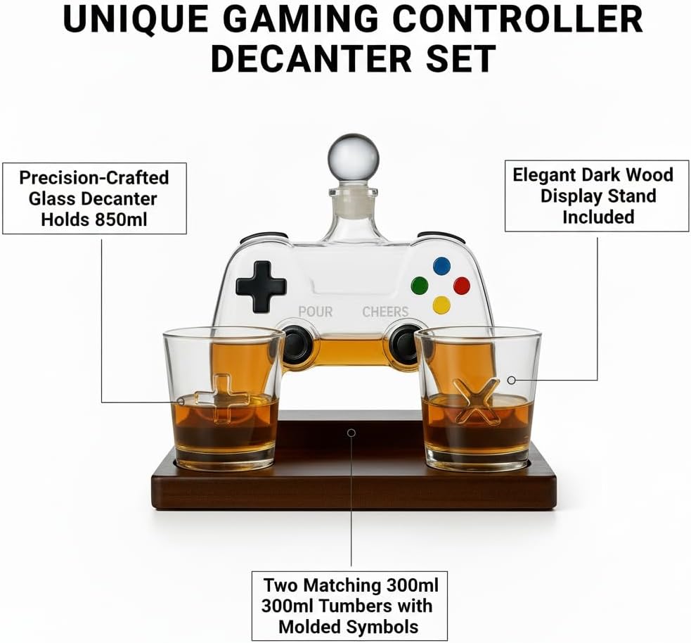 Gaming Controller Whiskey Decanter Set with 2 Glasses & Stand – 850ml Glass Decanter, Video Game Gift for Dad Husband or Boyfriend Valentine's Day Barware for Home Bar Man Cave Birthdays Father’s Day