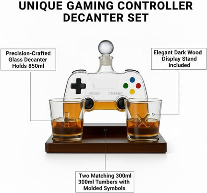Gaming Controller Whiskey Decanter Set with 2 Glasses & Stand – 850ml Glass Decanter, Video Game Gift for Dad Husband or Boyfriend Valentine's Day Barware for Home Bar Man Cave Birthdays Father’s Day