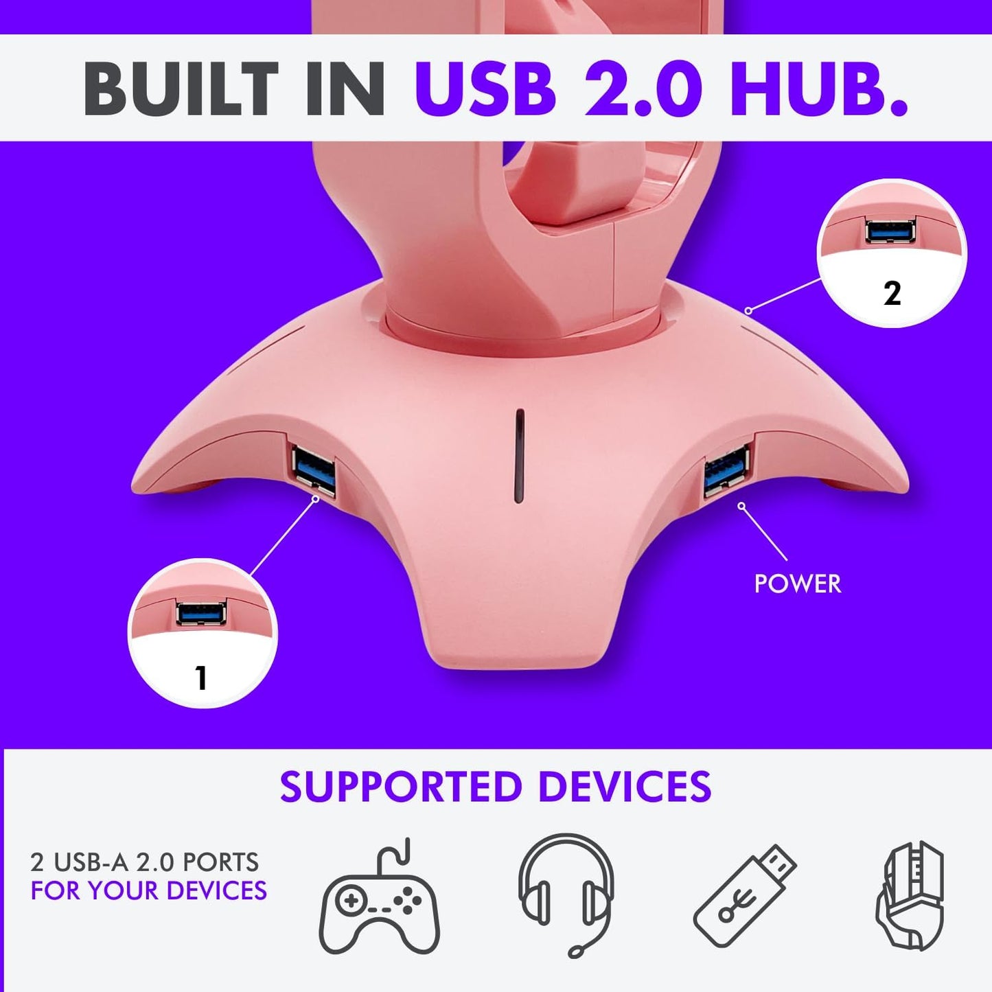 Tilted Nation Cute Headphone Stand Pink | Headset Stand with RGB, Mouse Bungee Holder, and 2 Port USB Hub Charger - Desk Gaming Accessories