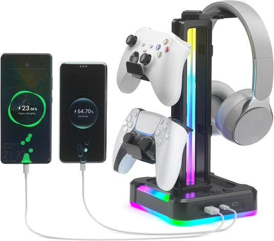 KDD RGB Gaming Headphone and Controller Stand with 2 Type-C and 1 USB Ports | Headset Stand with 9 Light Modes, Headset Holder for Desk, Controller Headphone Holder, For Gift PC Gaming Room Accessories