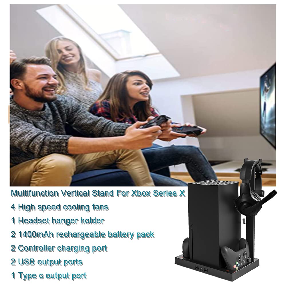 Xbox Series X Stand with Fan, Dual Controller Charging Dock Station with 4 Cooling Fan, 1 Headphone Holder, 2 Pack 1400mAh Rechargeable Batteries for Xbox Series X Console, Black