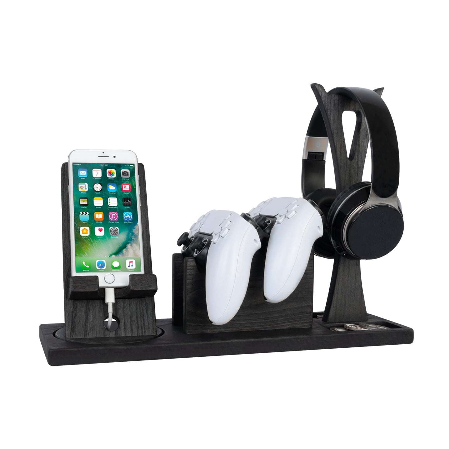 Unique Gift for Gamers, Game Room Decor. Unique Gaming Organizer with Headset Holder, Rotatable Phone Stand & Controller Stand. Wooden Gaming Gadget for Gaming Desktop, Streamer, Teenage Boy