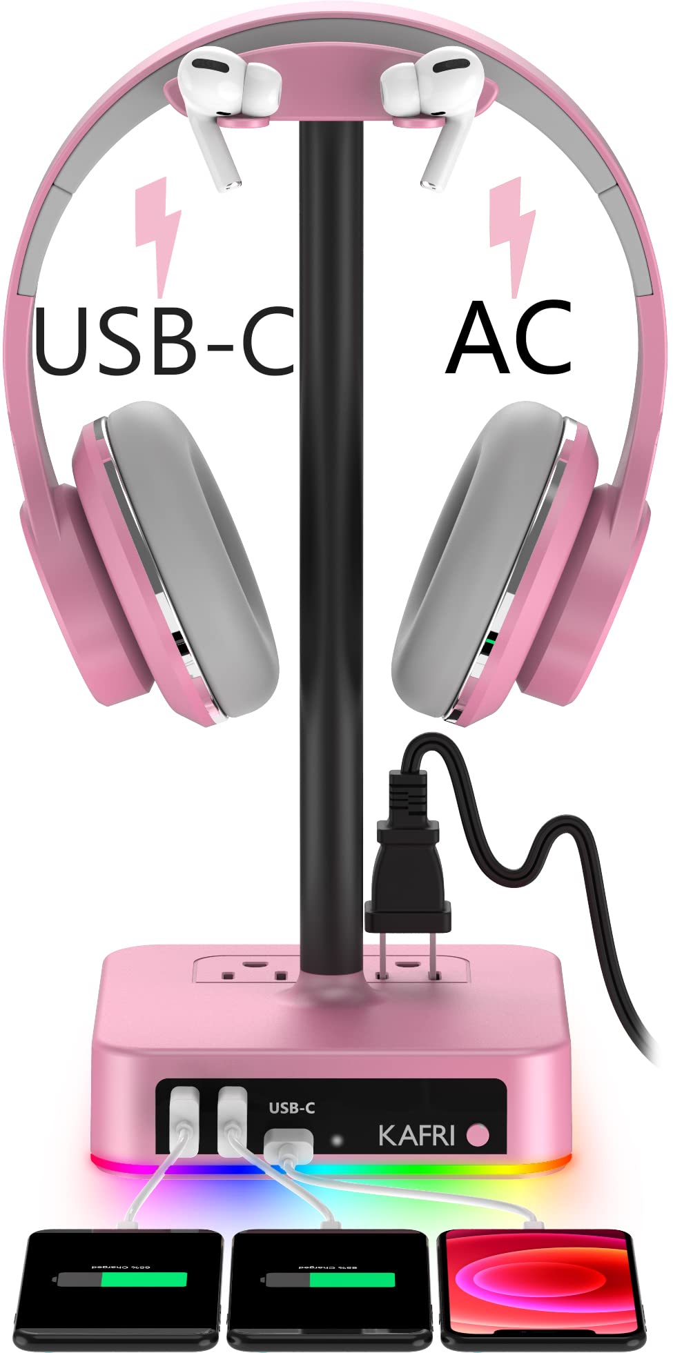 KAFRI RGB Headphone Stand with USB A&C Charger Desk Gaming Headset Holder Hanger Rack with 3 USB Charging Port and 2 Outlet - Suitable for Gamer Desktop Table Game Earphone Accessories Boyfriend Gifts