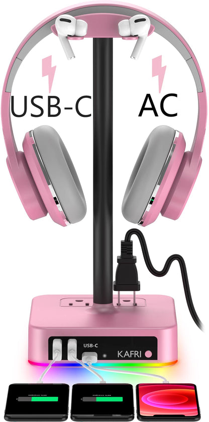 KAFRI RGB Headphone Stand with USB A&C Charger Desk Gaming Headset Holder Hanger Rack with 3 USB Charging Port and 2 Outlet - Suitable for Gamer Desktop Table Game Earphone Accessories Boyfriend Gifts