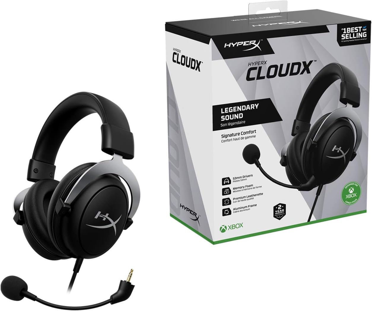 HyperX CloudX, Official Xbox Licensed Gaming Headset, Compatible with Xbox One and Series X|S, Memory Foam Ear Cushions, Detachable Noise-Cancelling Mic, in-line Audio Controls,Black/ Silver