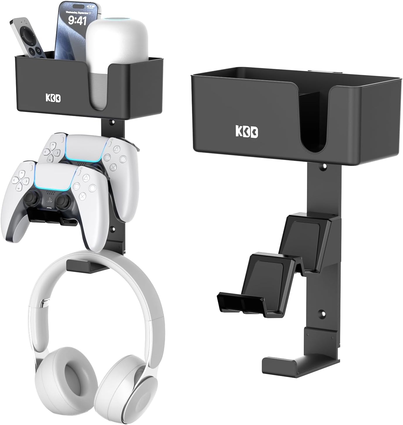KDD 4-in-1 Wall Mount Controller Holder - Dual Game Controller and Headphone Hanger with Anti-Slip Pads for Xbox ONE/X Series/PS5/PS4 - Detachable Desk Storage for Media Remote, Phone and Speaker