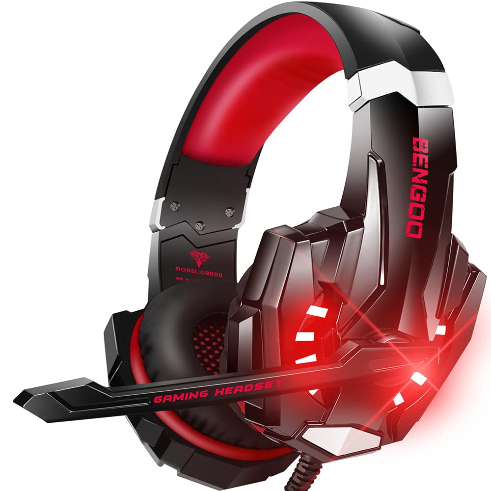BENGOO G9000 Stereo Gaming Headset for PS4 PC Xbox One PS5 Controller, Noise Cancelling Over Ear Headphones with Mic, LED Light, 7.1 Surround Sound, Soft Memory Earmuffs for Nintendo Xbox Series X|S