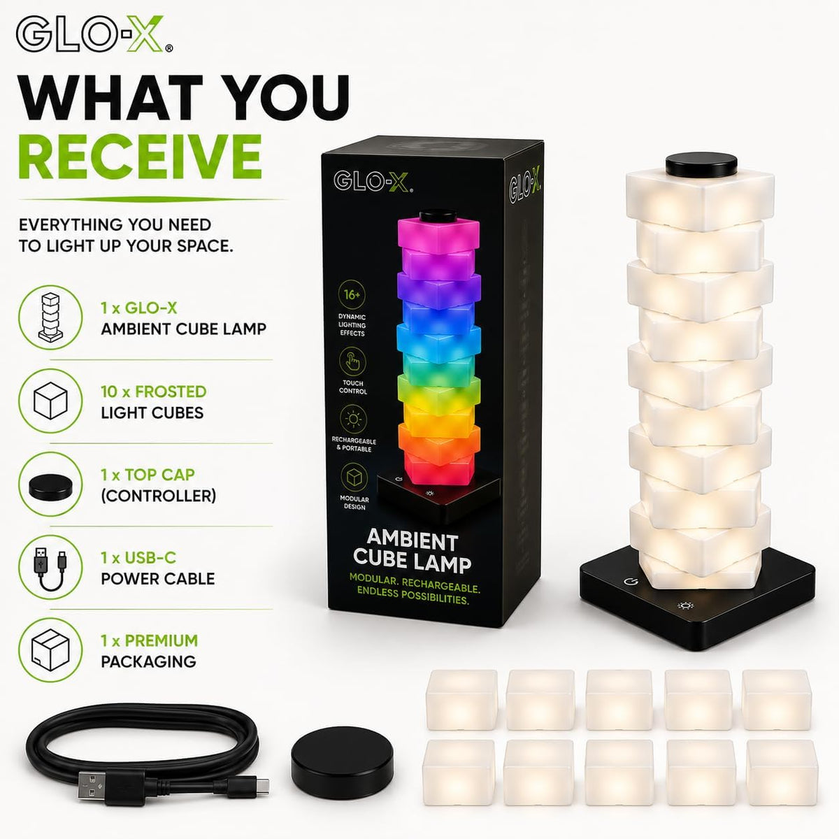 GLO-X Modular RGB Desk Lamp, Stackable LED Touch Light for Gaming & Bedroom
