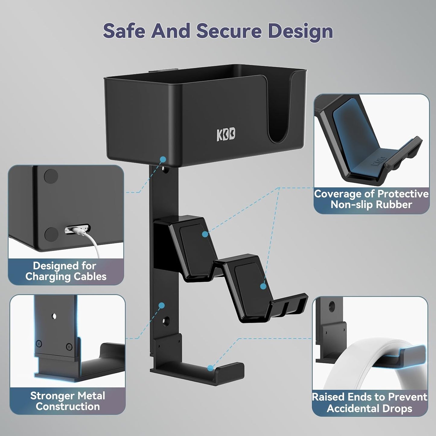 KDD 4-in-1 Wall Mount Controller Holder - Dual Game Controller and Headphone Hanger with Anti-Slip Pads for Xbox ONE/X Series/PS5/PS4 - Detachable Desk Storage for Media Remote, Phone and Speaker