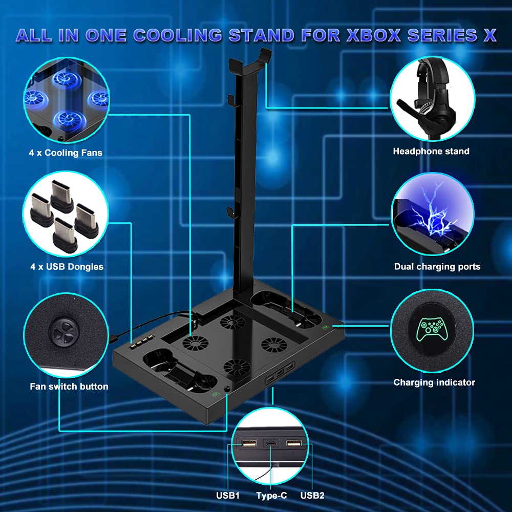 Xbox Series X Stand with Fan, Dual Controller Charging Dock Station with 4 Cooling Fan, 1 Headphone Holder, 2 Pack 1400mAh Rechargeable Batteries for Xbox Series X Console, Black